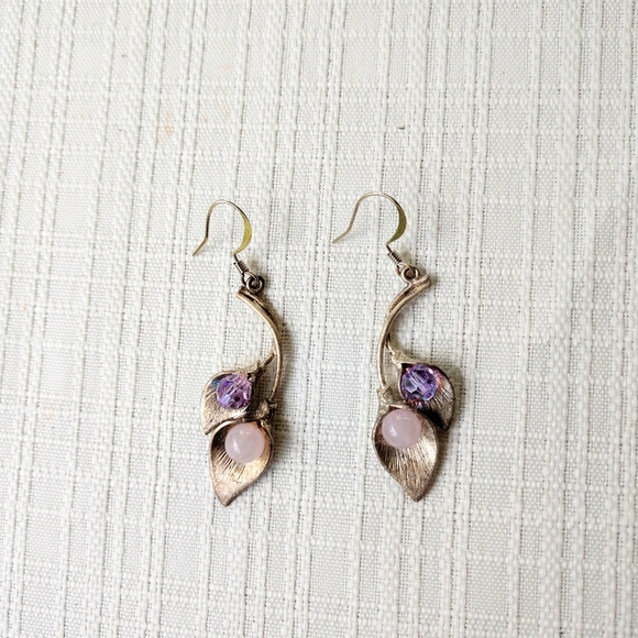 Dangle Earrings Amethyst Silver Floral Purple Pearl - Picture 2 of 7